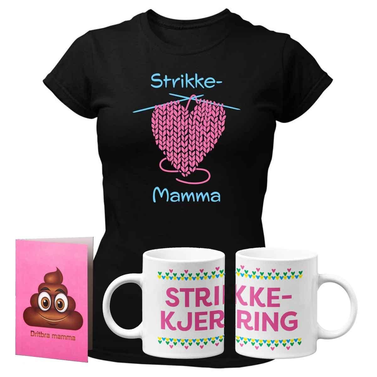 Strikkemamma Morsdagspakke (T-skjorte + Kaffekopp + Kort)